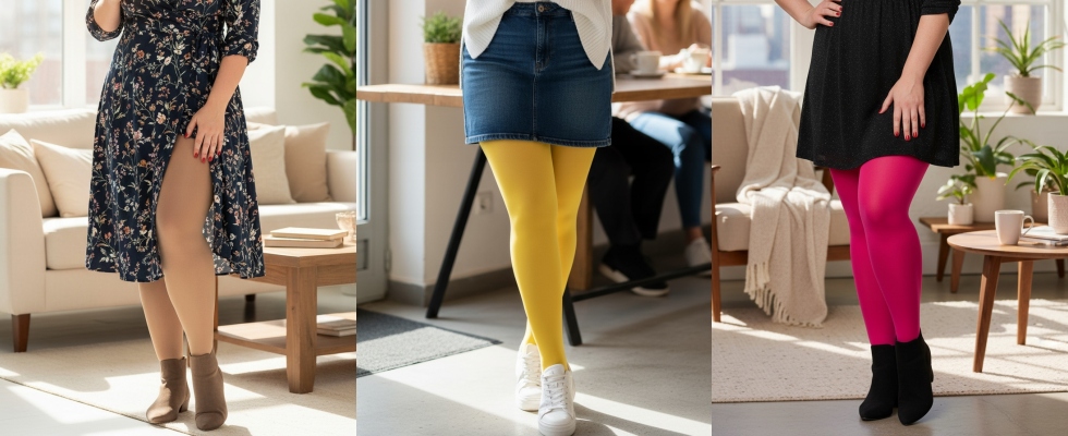 Model met zelfverzekerde houding draagt fashion queen size panty’s in een trendy setting.